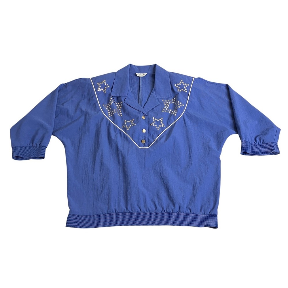 Vintage 80s Regal Windbreaker Top Womens M Blue Star Studded Yoke Western Glam
